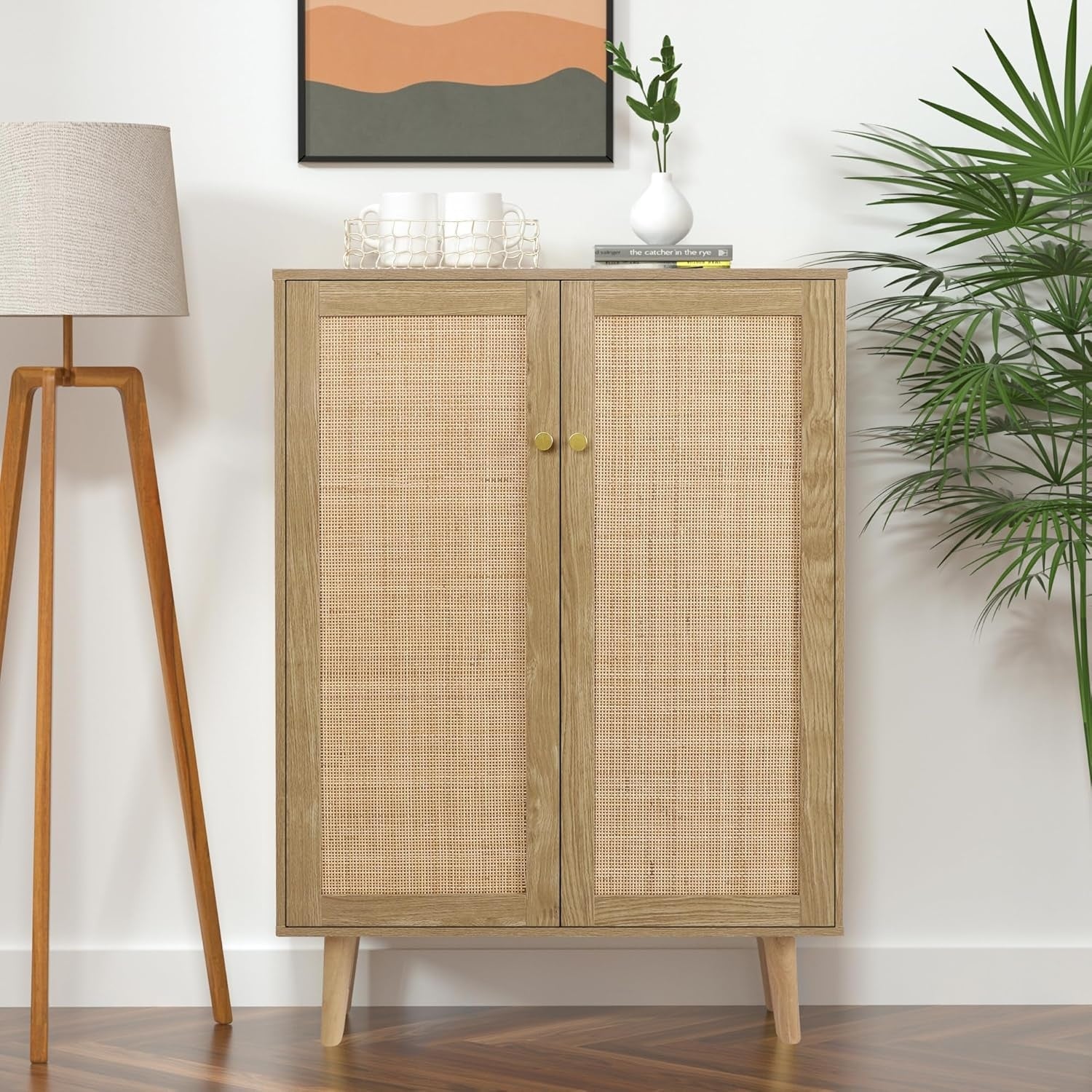 Buffet rotin style campagne avec tablette reglable, meuble haut 80 x 34 x 112 cm pour rangement interieur