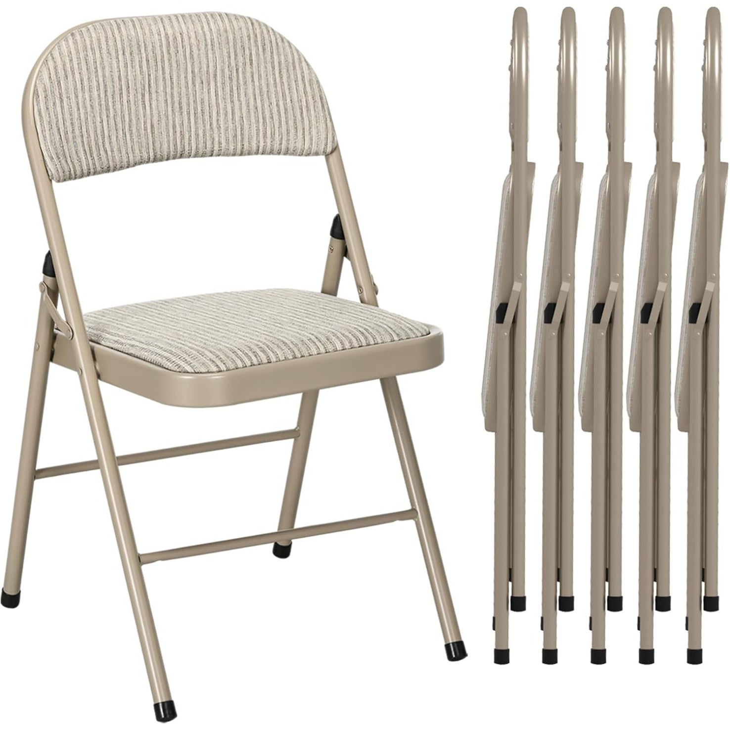Ensemble de six chaises pliantes beige avec cadre acier, mobilier pratique et facile a ranger