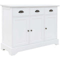 Buffet blanc 105 cm en MDF et pin avec trois portes, meuble pratique pour organiser cuisine salon ou salle a manger