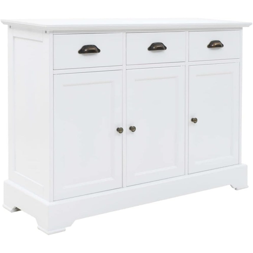 Buffet blanc 105 cm en MDF et pin avec trois portes, meuble pratique pour organiser cuisine salon ou salle a manger