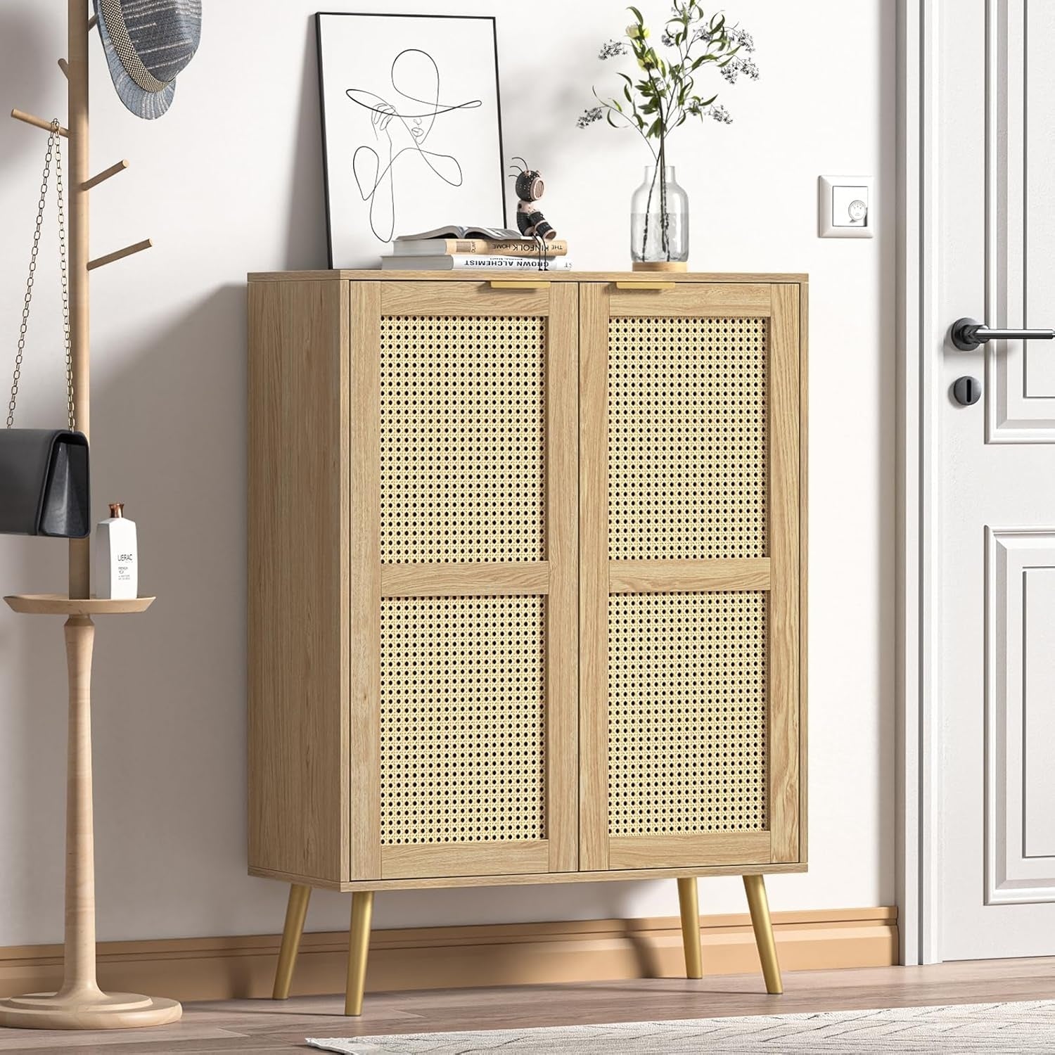 Buffet de cuisine en rotin avec 2 portes et tablette ajustable, armoire style campagne pour salon entree ou salle a manger, 80 x 34 x 112 cm