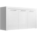 Buffet contemporain 144 x 80 x 42 cm avec poignees metalliques, finition melamine brillante blanche, meuble elegant pour salon et salle a manger
