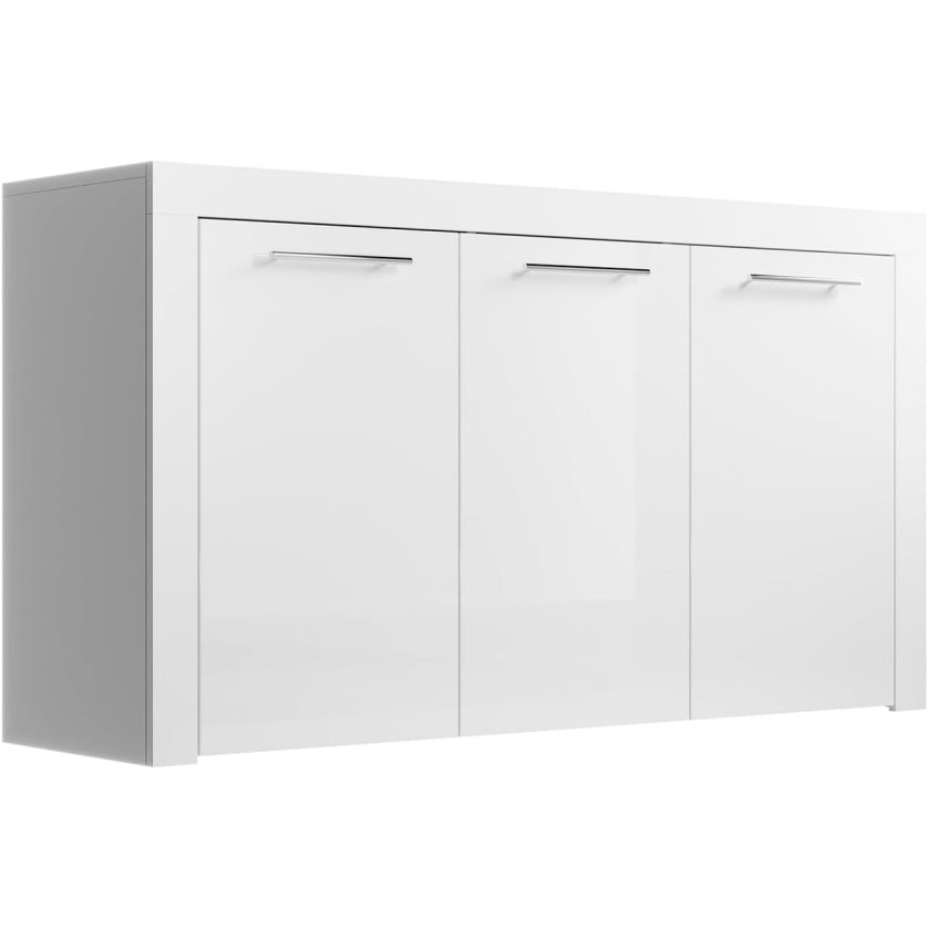 Buffet contemporain 144 x 80 x 42 cm avec poignees metalliques, finition melamine brillante blanche, meuble elegant pour salon et salle a manger