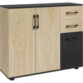Buffet salon noir et bois naturel avec trois portes, dimensions 90 x 30 x 75,5 cm, meuble compact de rangement