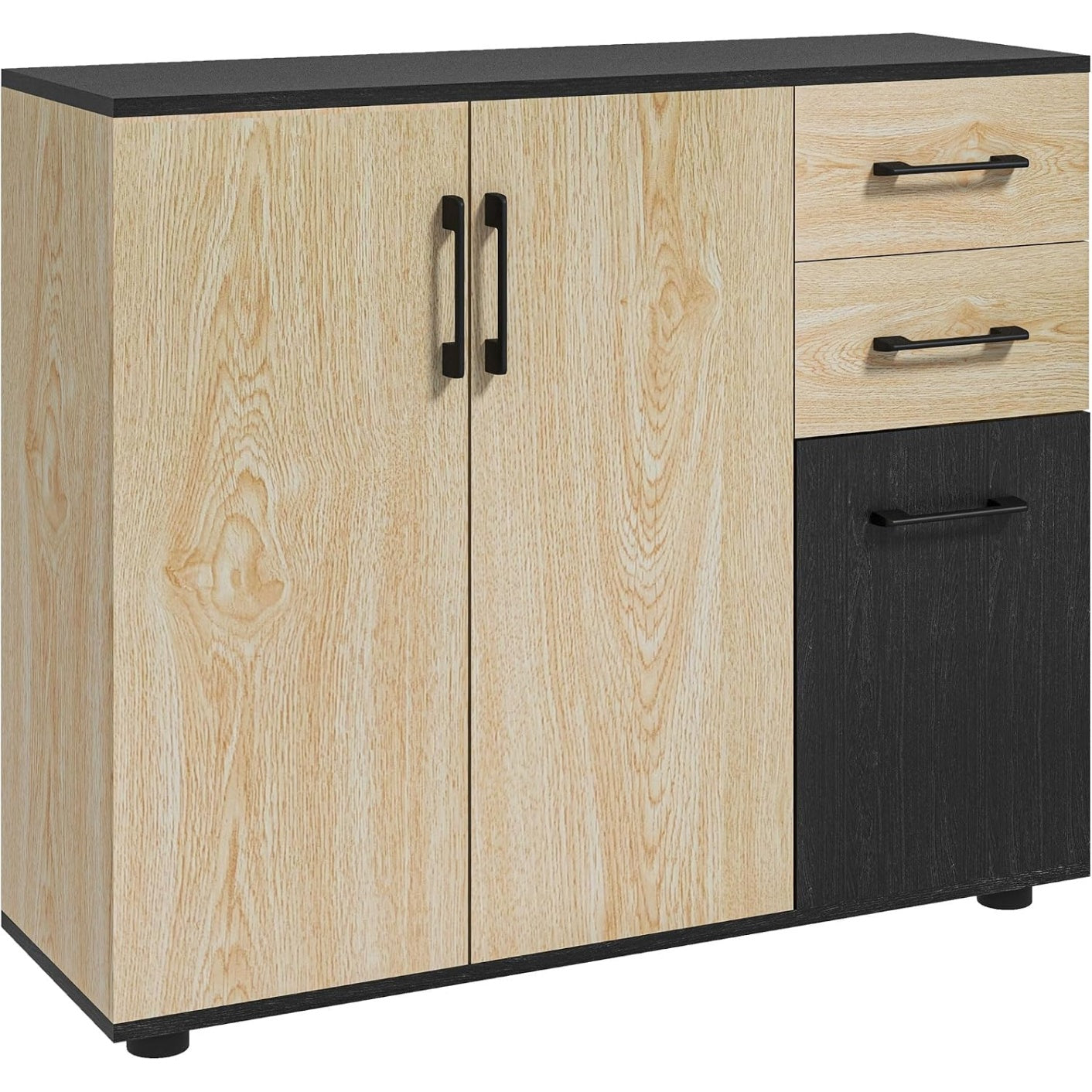 Buffet salon noir et bois naturel avec trois portes, dimensions 90 x 30 x 75,5 cm, meuble compact de rangement