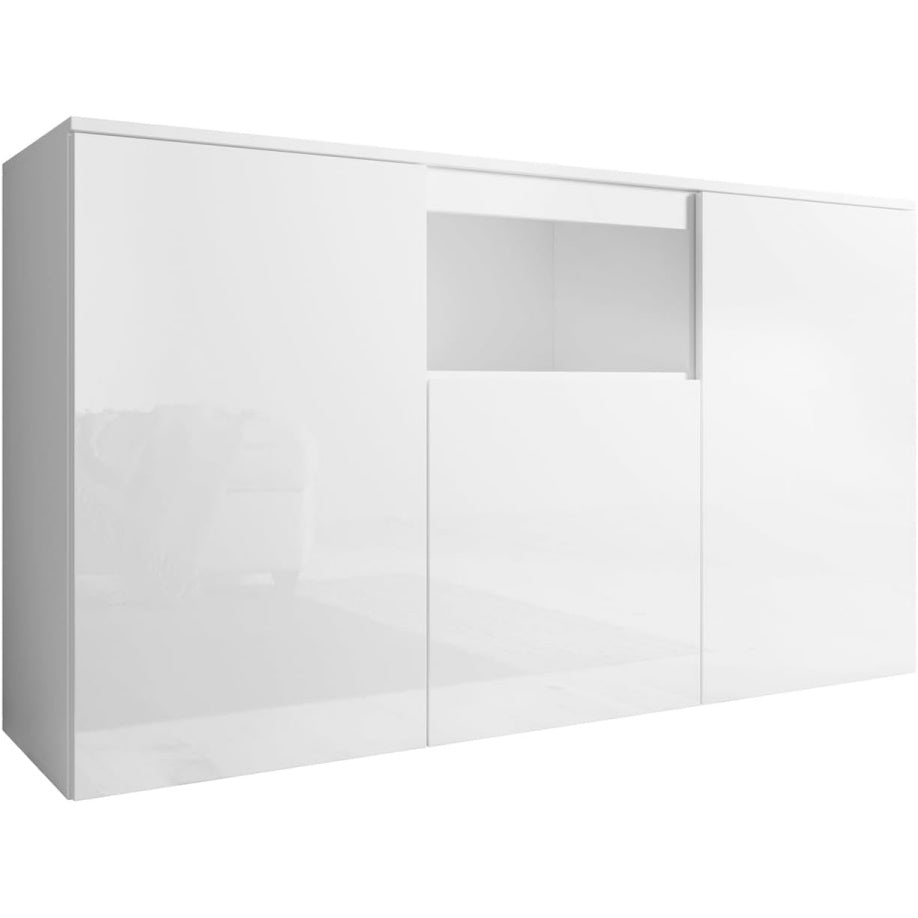 Buffet moderne blanc 140 x 82 x 40 cm avec finition brillante en melamine, meuble design pour espace repas et salon