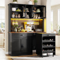 Armoire cuisine noire 140 cm avec lumiere LED, chariot mobile, support a verres et espace cave a vin integre