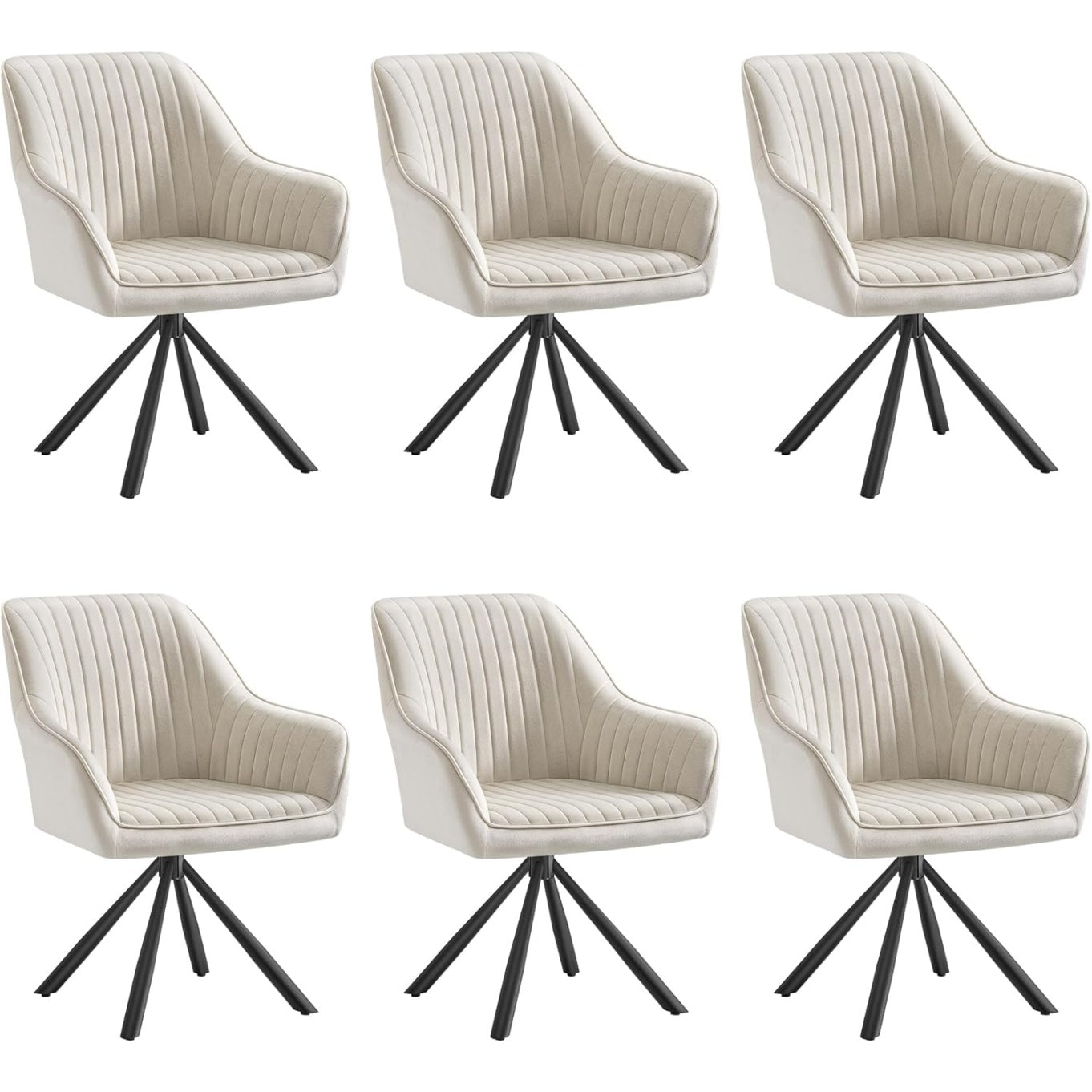 Ensemble de 6 chaises pivotantes en velours beige cappuccino avec accoudoirs, pieds acier et assise confortable jusqu'a 120 kg