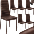 Lot de six chaises modernes rembourrees en cuir synthetique marron avec pieds metalliques, confortables pour salle a manger