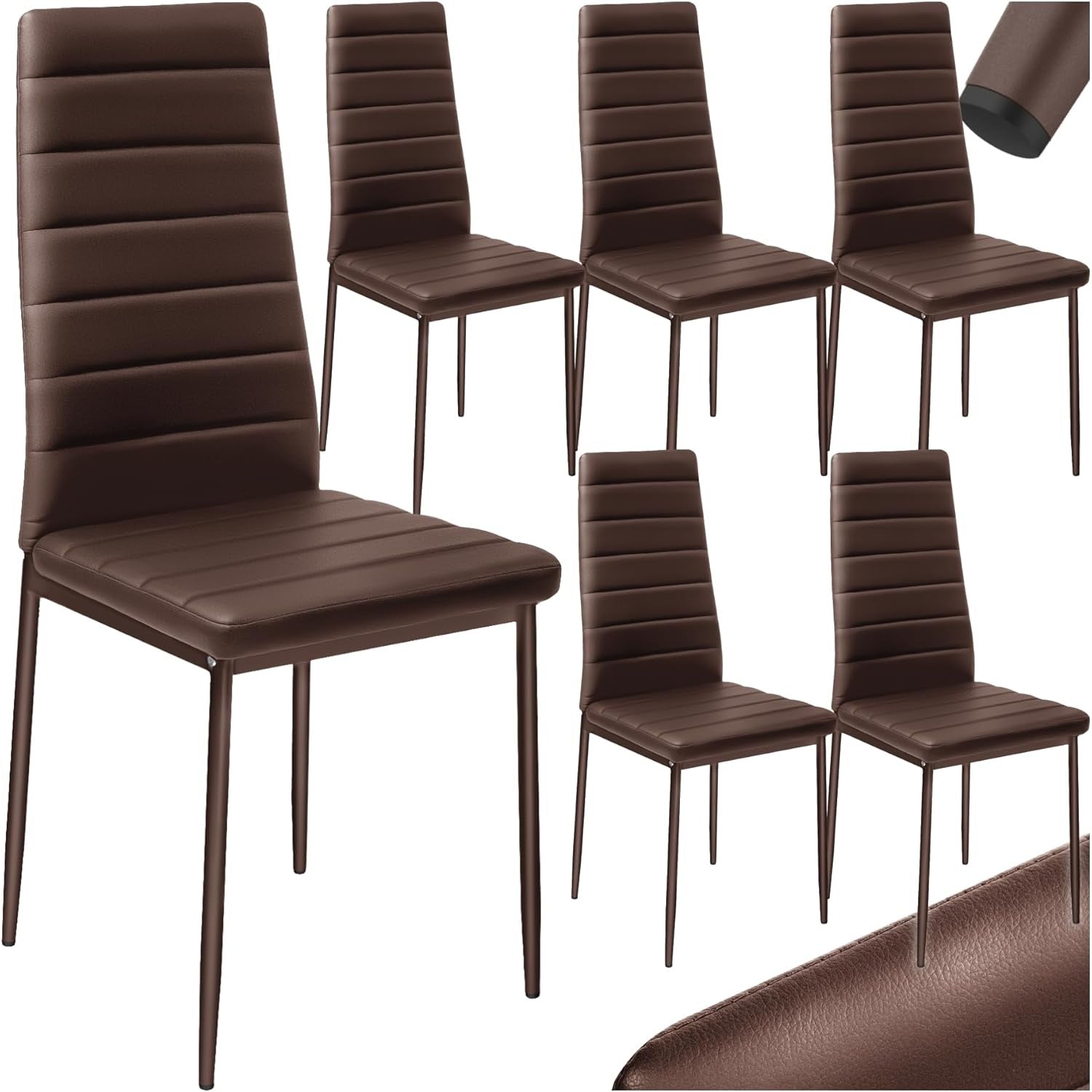 Lot de six chaises modernes rembourrees en cuir synthetique marron avec pieds metalliques, confortables pour salle a manger