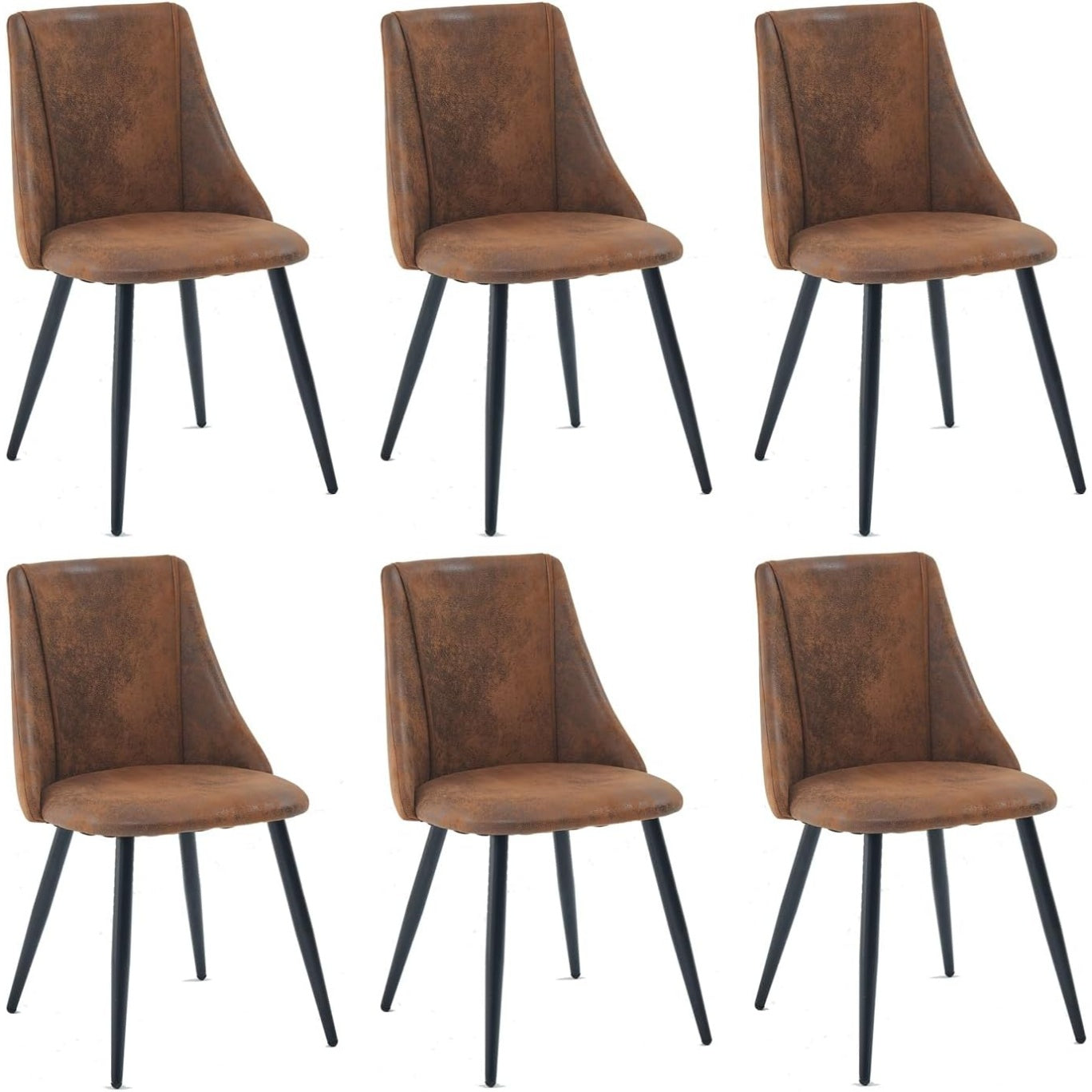 Lot de 6 chaises industrielles marron en suidine avec assise rembourree, pieds metal et style vintage pour salle a manger ou salon