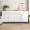Enfilade blanc et bois 160 cm avec quatre portes et trois tiroirs, meuble bas moderne pour salon ou cuisine