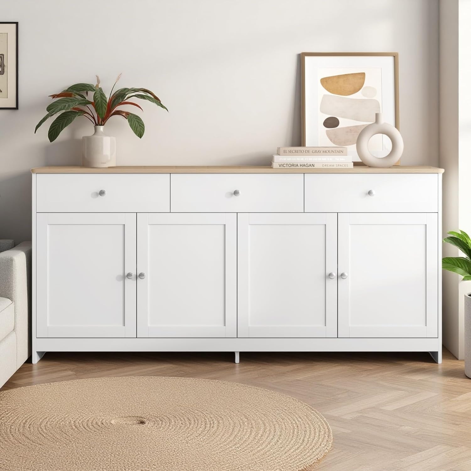 Enfilade blanc et bois 160 cm avec quatre portes et trois tiroirs, meuble bas moderne pour salon ou cuisine