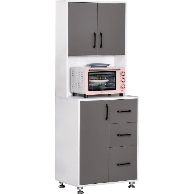 Buffet haut de cuisine gris avec 3 portes et plan de travail spacieux, meuble pratique de rangement, 60 x 40 x 160 cm