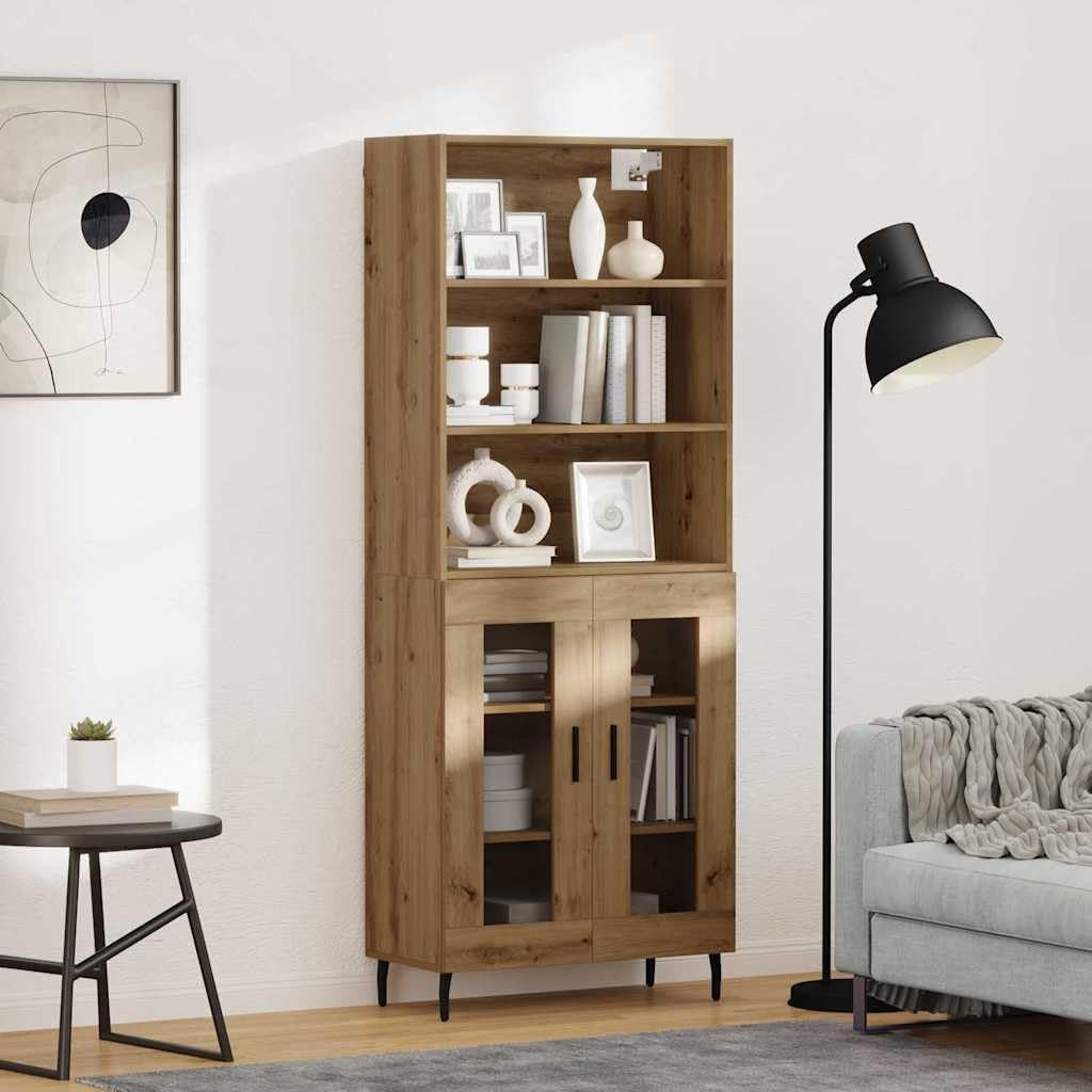 Meuble colonne avec finition verre et bois moderne 69,5 x 34 x 180 cm, grand espace de rangement pour salon et salle a manger