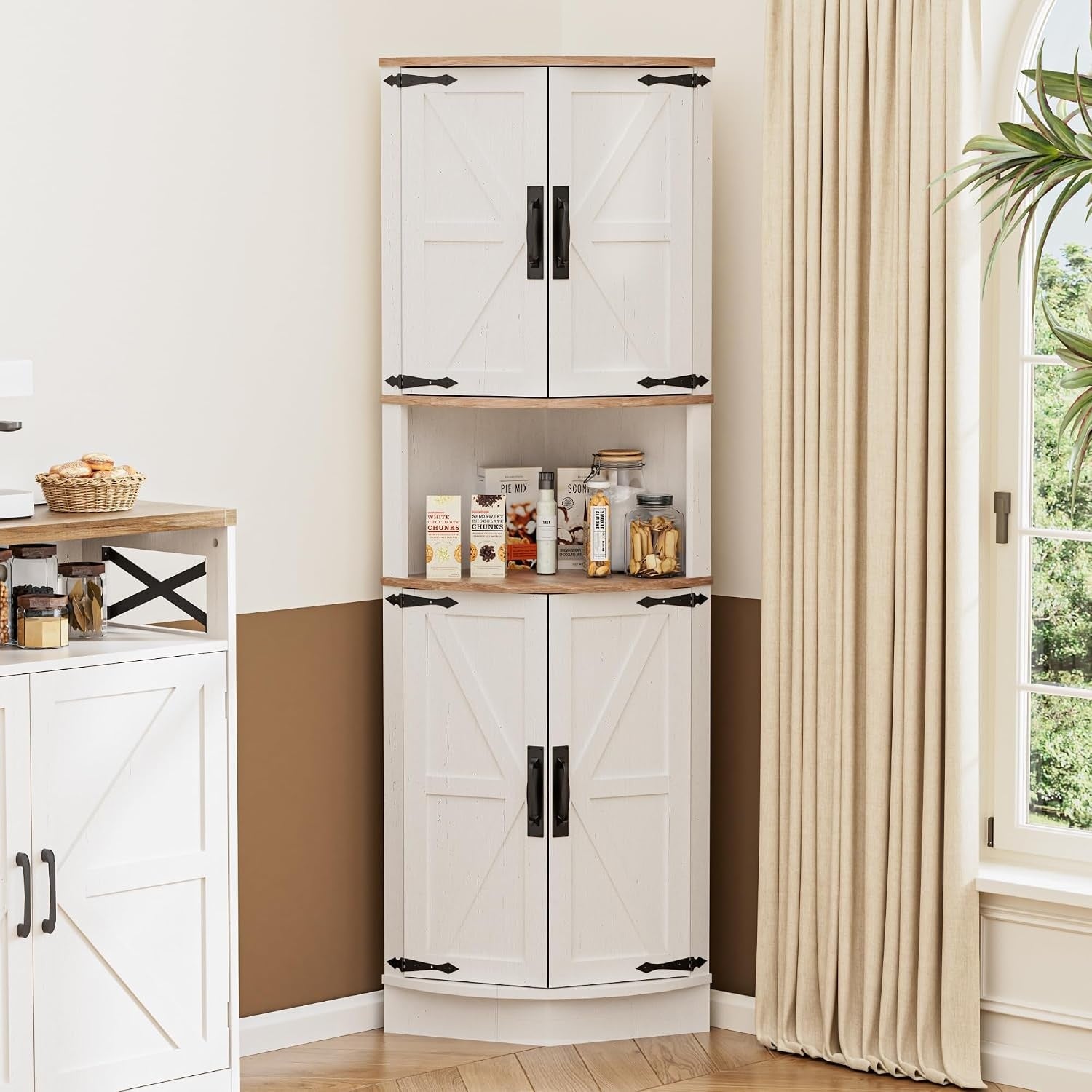 Armoire d'angle multifonction 165 x 56 x 41,5 cm avec etageres, meuble haut adapte aux petits espaces