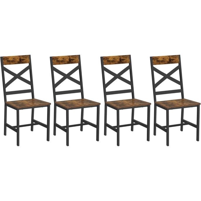 Ensemble de 4 chaises industrielles avec cadre acier, assise ergonomique et finition marron rustique pour salon ou espace repas