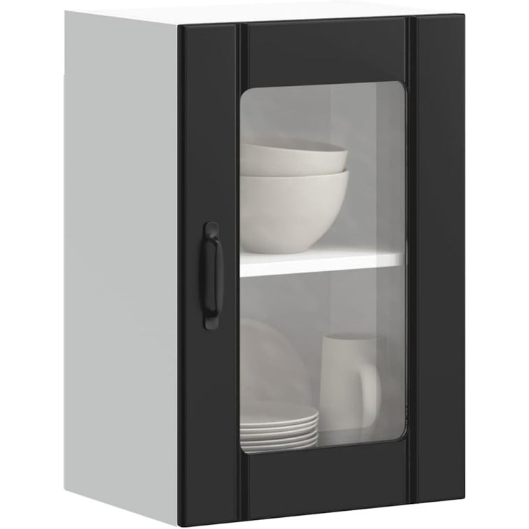 Meuble mural noir avec porte vitree 40 x 31 x 60 cm pour cuisine, rangement des epices et vaisselle avec finition moderne