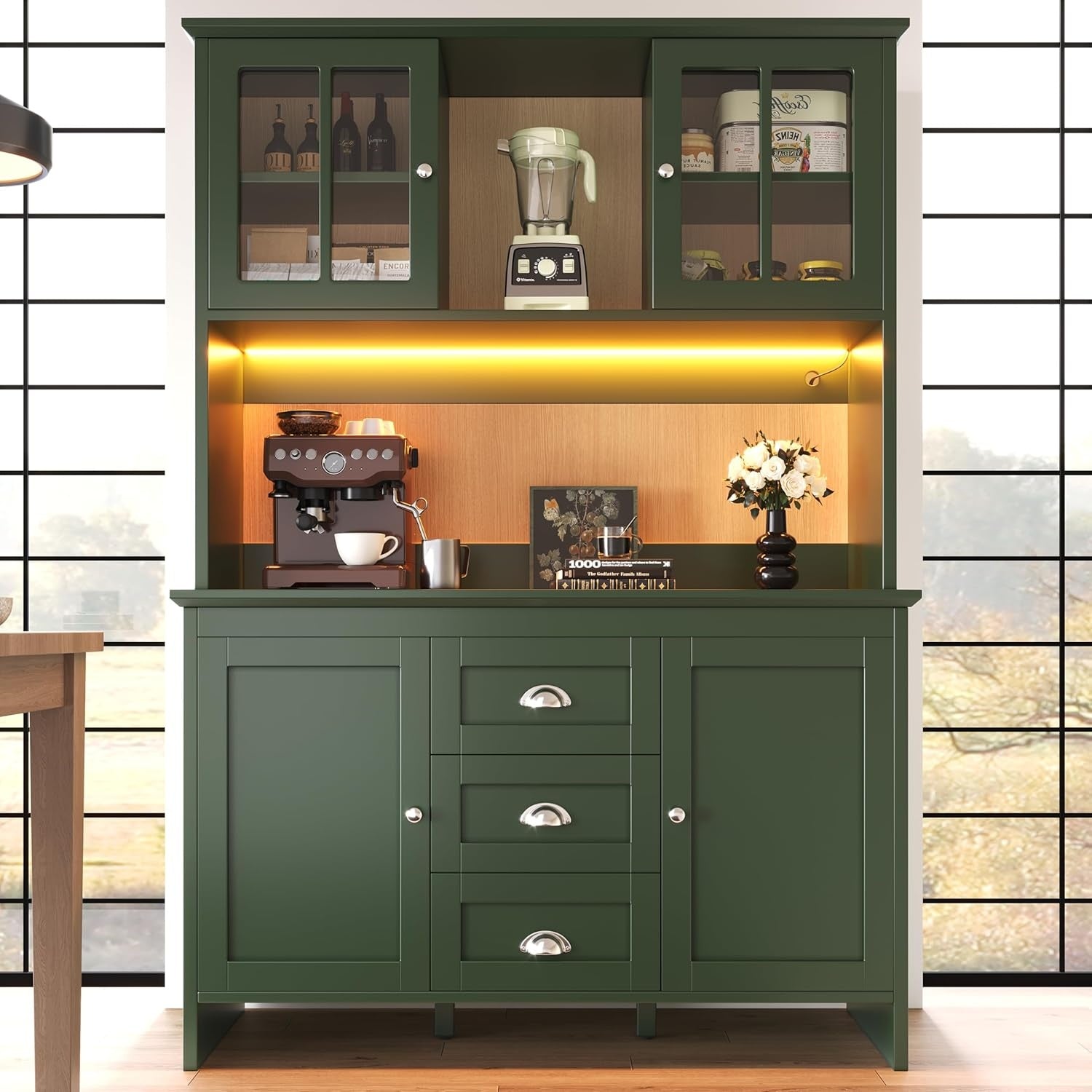 Armoire haute multifonction 120 x 40 x 179 cm avec eclairage LED, trois tiroirs et quatre portes pour cuisine salle a manger et salon