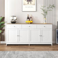 Meuble buffet style cottage avec facade blanc et bois, plan de travail, quatre portes et trois tiroirs, dimensions 160 x 37 x 75 cm