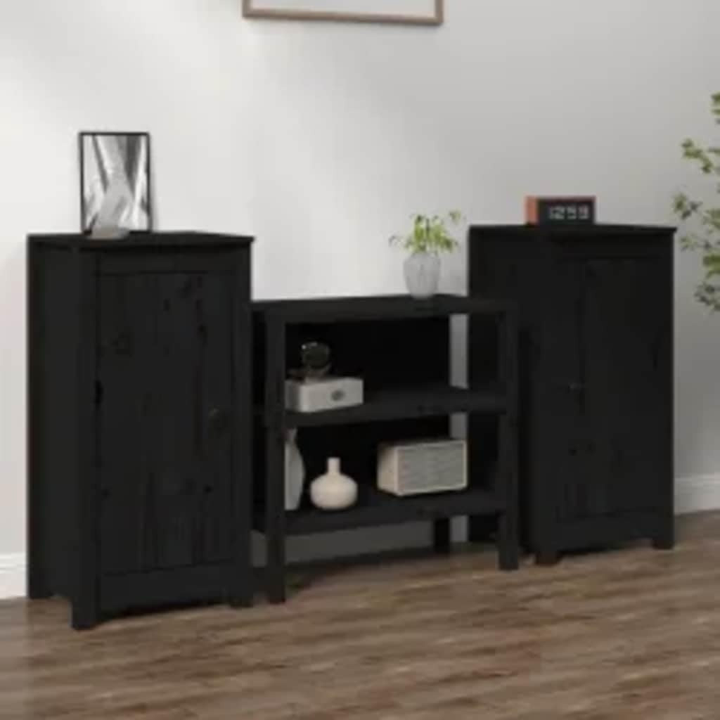 Ensemble de deux buffets noirs en pin massif 39 x 35 x 80 cm avec porte et tiroir, mobilier polyvalent pour maison et bureau