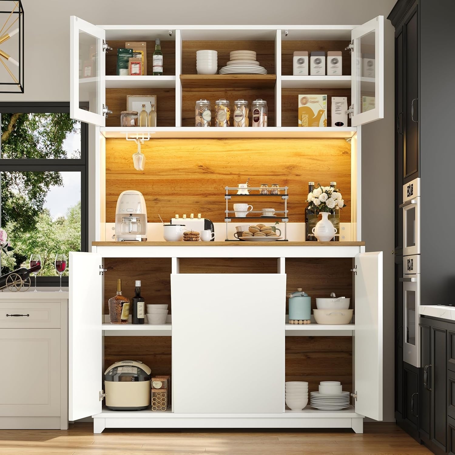 Grande armoire de cuisine 180 cm avec facade vitree, surface de travail, etageres modulables et rangement pour electromenager