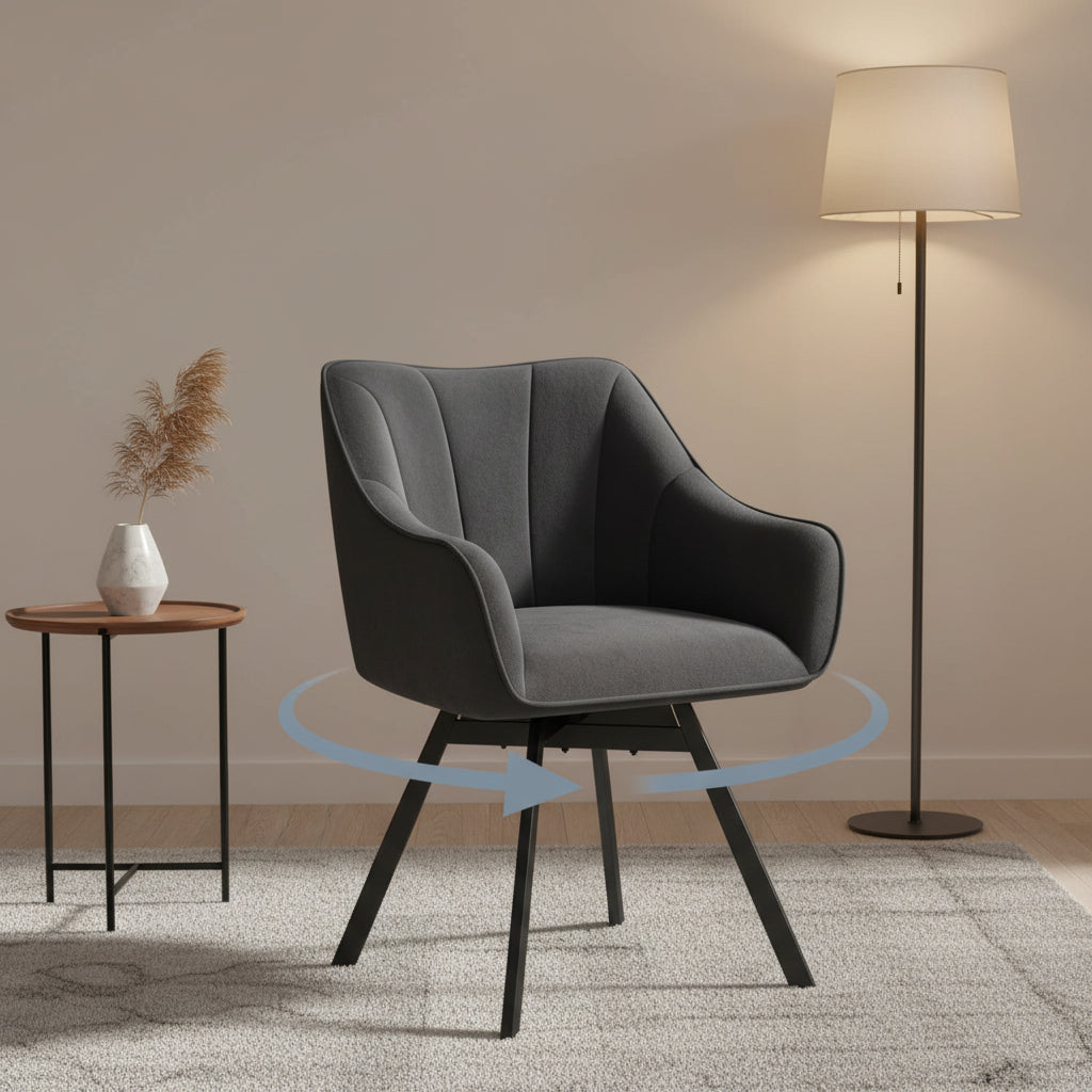 Fauteuil de cuisine pivotant avec accoudoirs, assise velours gris fonce et support metallique avec roulettes